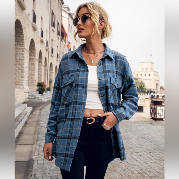 Boohoo Lapel Button Up Plaid Shirts Long Sleeve Pocketed Shacket Casual Top Sz S - Picture 1 of 14